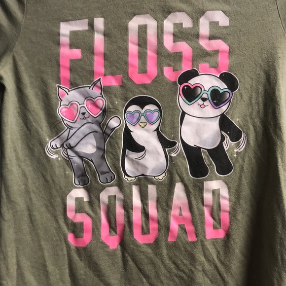 Large 10/12 girls long sleeved Floss Squad olive green shirt guc - Picture 5 of 9